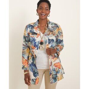 Chico's 100% Linen Tropical Colorful Casual Utility Jacket Size 2 12/14